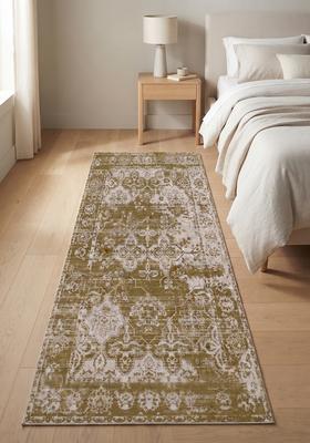 Saffron Rugs Wool Tufted Machine Washable Runner | Water Repellent Non Slip | Olive Green Vintage Trellis for Kitchen Bedroom Living Room Hallway