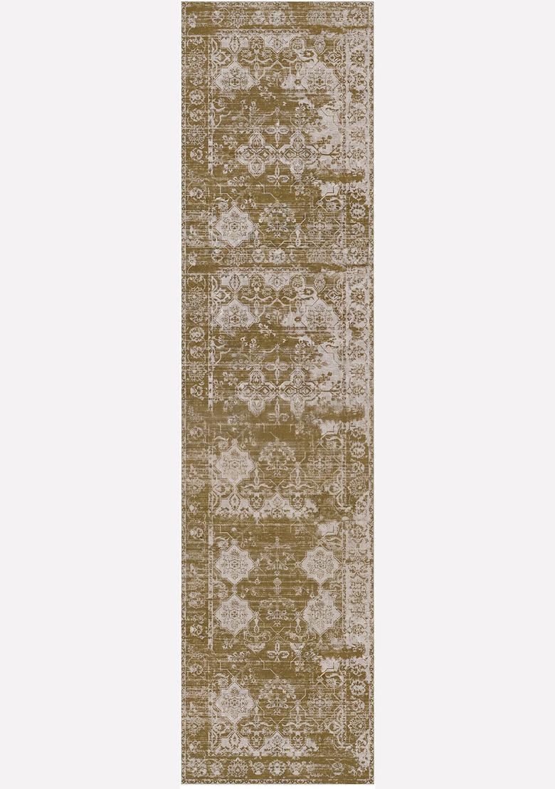 Saffron Rugs Wool Tufted Machine Washable Runner | Water Repellent Non Slip | Olive Green Vintage Trellis for Kitchen Bedroom Living Room Hallway - Indya