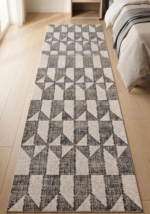 Saffron Rugs Wool Tufted Machine Washable Runner | Water Repellent Non Slip | Grey and Cream Contemporary Geometric for Kitchen Bedroom Living Room Hallway