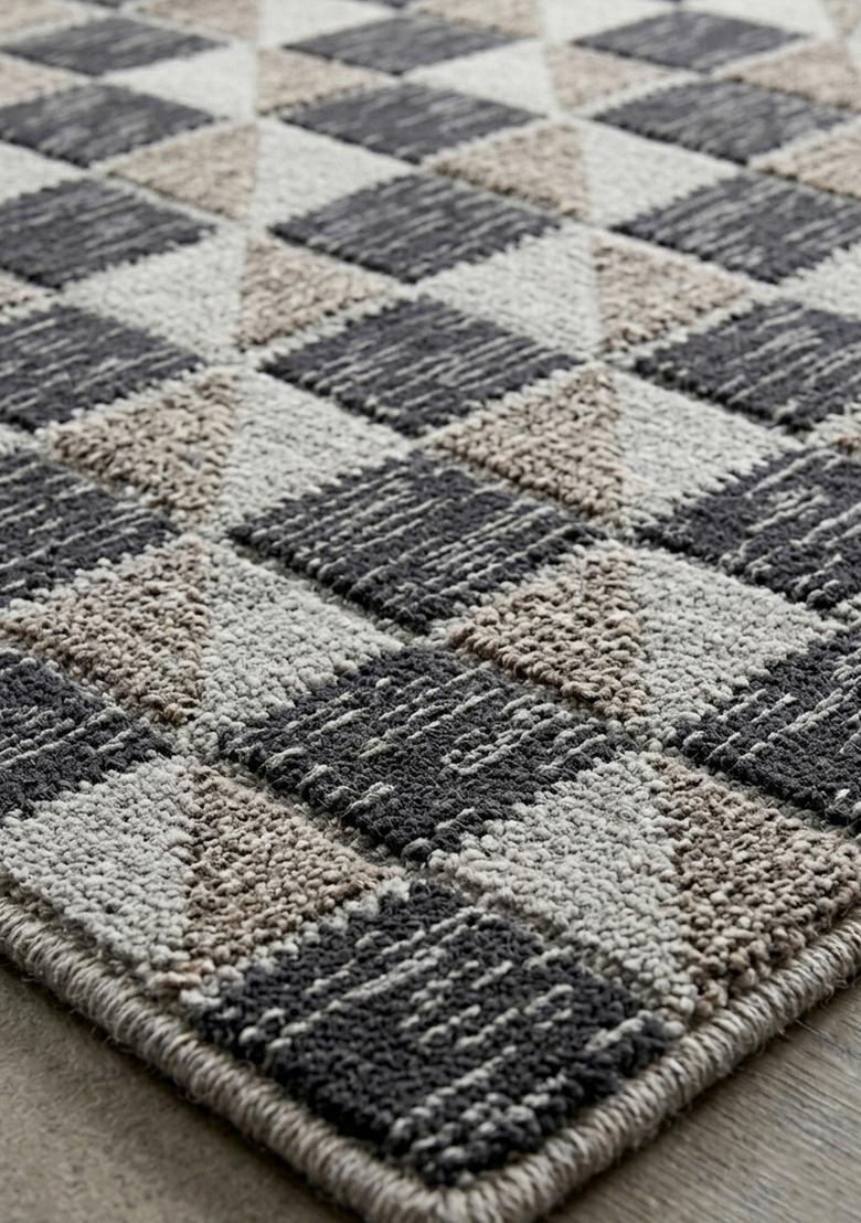 Saffron Rugs Wool Tufted Machine Washable Runner | Water Repellent Non Slip | Grey Charcoal Beige Contemporary Geometric for Kitchen Bedroom Living Room Hallway - Indya