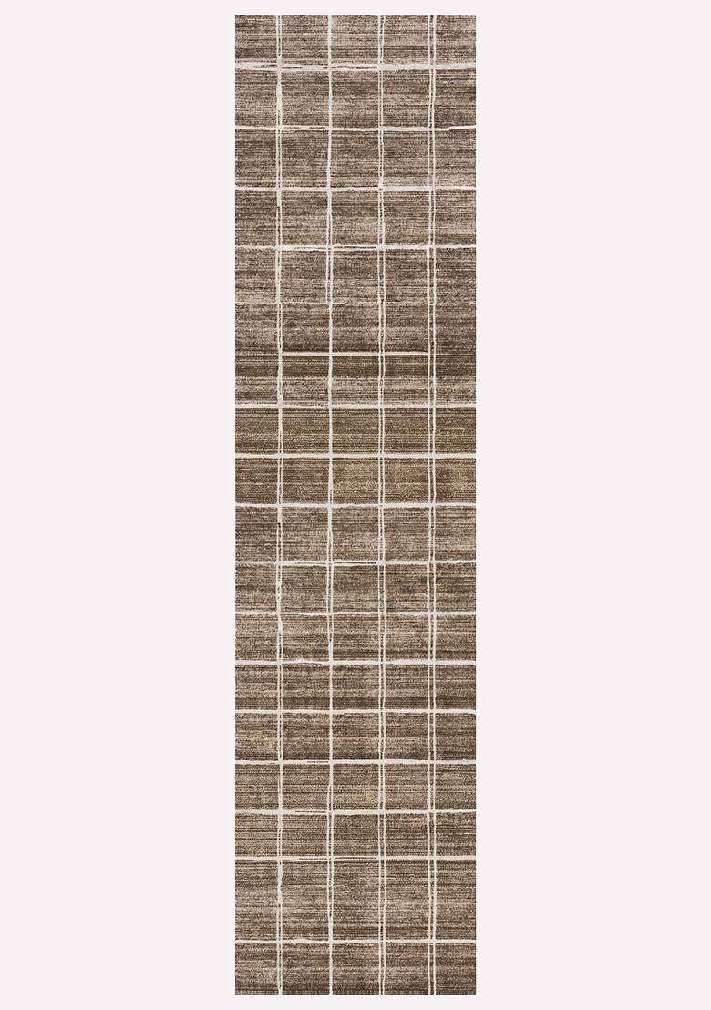 Saffron Rugs Wool Tufted Machine Washable Runner | Water Repellent Non Slip | Brown Taupe Contemporary Checkered for Kitchen Bedroom Living Room Hallway - Indya
