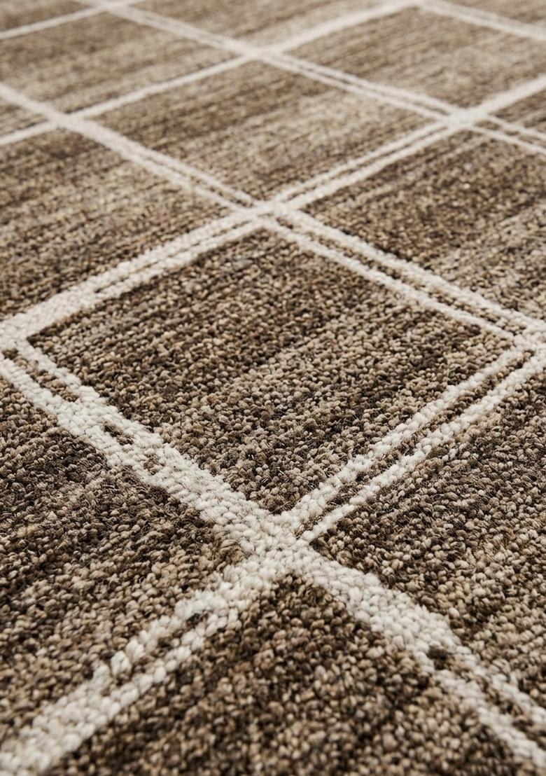 Saffron Rugs Wool Tufted Machine Washable Runner | Water Repellent Non Slip | Brown Taupe Contemporary Checkered for Kitchen Bedroom Living Room Hallway - Indya