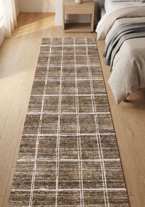 Saffron Rugs Wool Tufted Machine Washable Runner | Water Repellent Non Slip | Brown Taupe Contemporary Checkered for Kitchen Bedroom Living Room Hallway