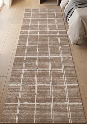Saffron Rugs Wool Tufted Machine Washable Runner | Water Repellent Non Slip | Taupe Beige Contemporary Checkered for Kitchen Bedroom Living Room Hallway