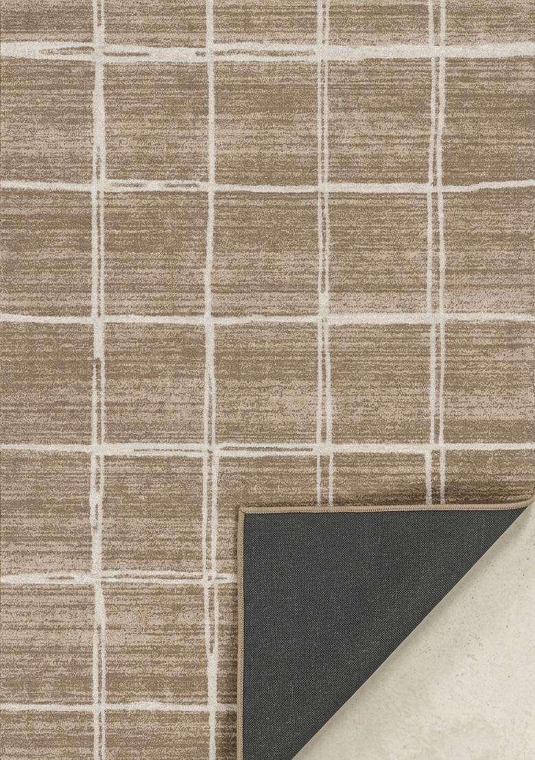 Washable Rugs Wool Blend Area Rug | Taupe Beige Contemporary Checkered Non Slip Carpet For Kitchen - Indya