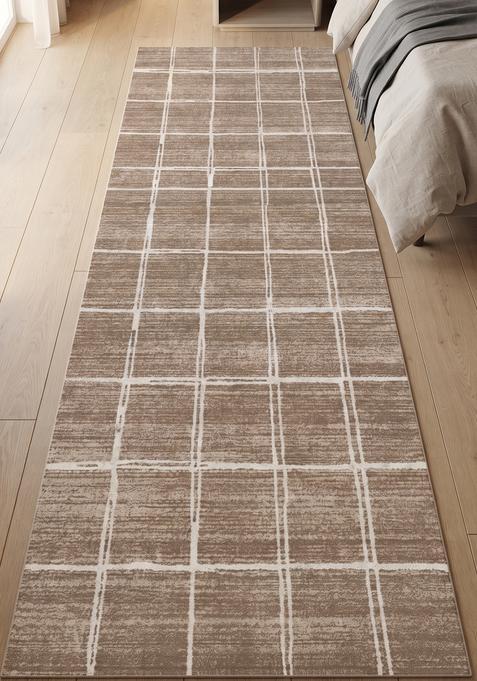 Saffron Rugs Wool Tufted Machine Washable Runner | Water Repellent Non Slip | Taupe Beige Contemporary Checkered for Kitchen Bedroom Living Room Hallway