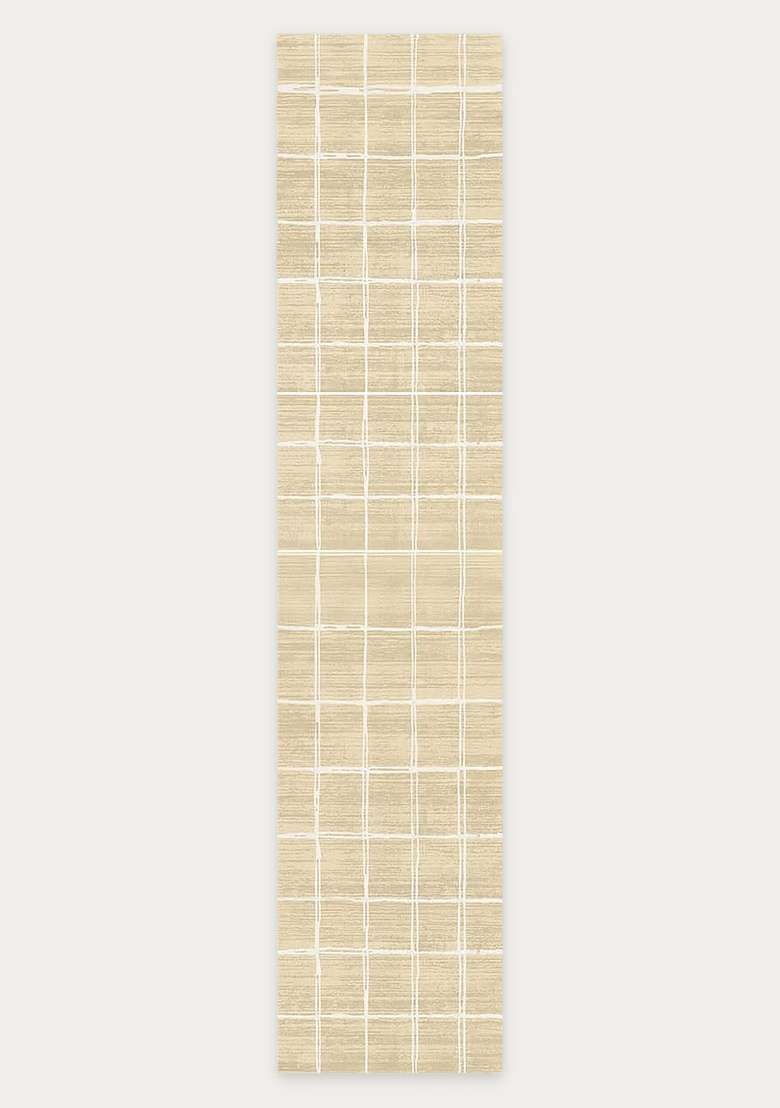 Washable Rugs Wool Blend Area Rug | Beige Contemporary Checkered Non Slip Carpet For Kitchen - Indya
