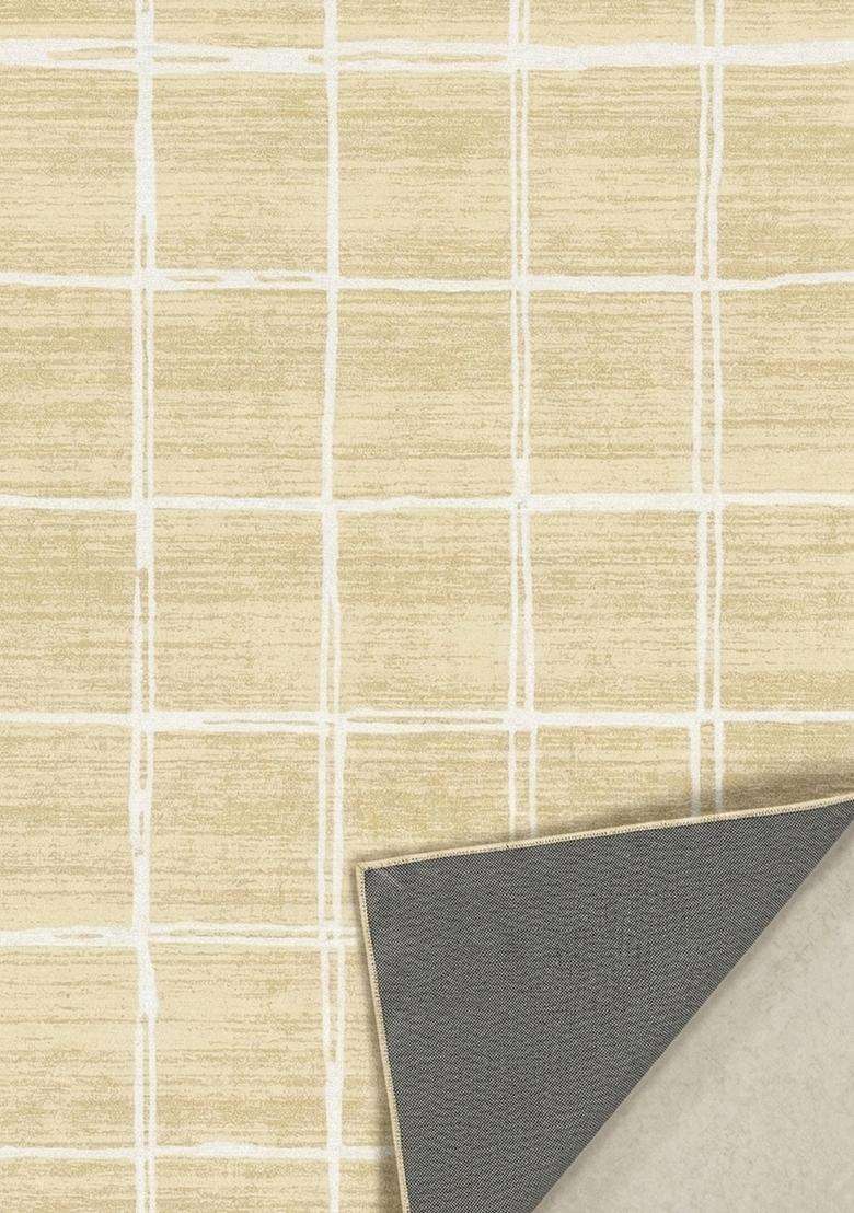 Washable Rugs Wool Blend Area Rug | Beige Contemporary Checkered Non Slip Carpet For Kitchen - Indya