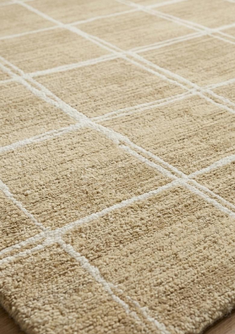 Saffron Rugs Wool Tufted Machine Washable Runner | Water Repellent Non Slip | Beige Contemporary Checkered for Kitchen Bedroom Living Room Hallway - Indya
