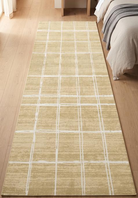 Saffron Rugs Wool Tufted Machine Washable Runner | Water Repellent Non Slip | Beige Contemporary Checkered for Kitchen Bedroom Living Room Hallway