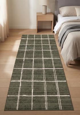 Saffron Rugs Wool Tufted Machine Washable Runner | Water Repellent Non Slip | Olive Green Contemporary Checkered for Kitchen Bedroom Living Room Hallway