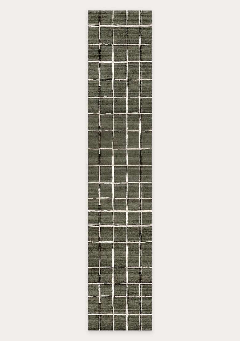 Washable Rugs Wool Blend Area Rug | Olive Green Contemporary Checkered Non Slip Carpet For Kitchen - Indya
