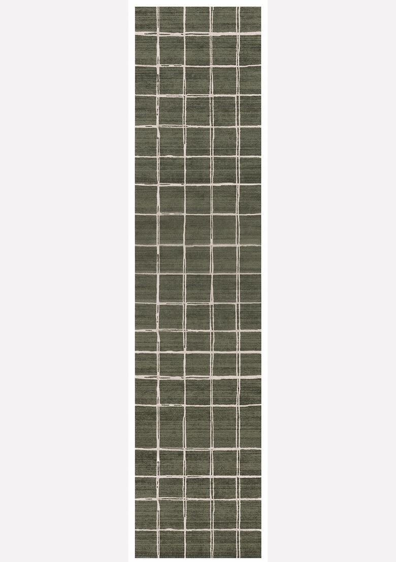 Saffron Rugs Wool Tufted Machine Washable Runner | Water Repellent Non Slip | Olive Green Contemporary Checkered for Kitchen Bedroom Living Room Hallway - Indya
