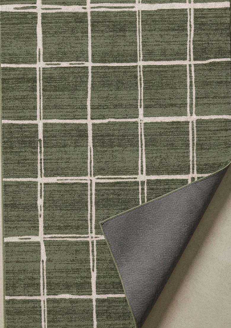 Washable Rugs Wool Blend Area Rug | Olive Green Contemporary Checkered Non Slip Carpet For Kitchen - Indya