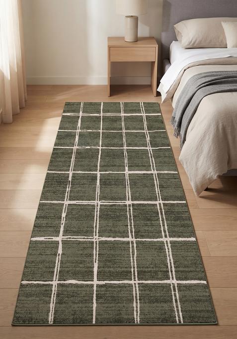 Saffron Rugs Wool Tufted Machine Washable Runner | Water Repellent Non Slip | Olive Green Contemporary Checkered for Kitchen Bedroom Living Room Hallway
