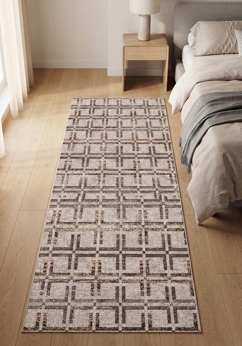 Saffron Rugs Wool Tufted Machine Washable Runner | Water Repellent Non Slip | Beige Brown Transitional Geometric for Kitchen Bedroom Living Room Hallway