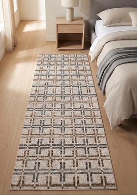 Saffron Rugs Wool Tufted Machine Washable Runner | Water Repellent Non Slip | Beige Grey Brown Transitional Geometric for Kitchen Bedroom Living Room Hallway