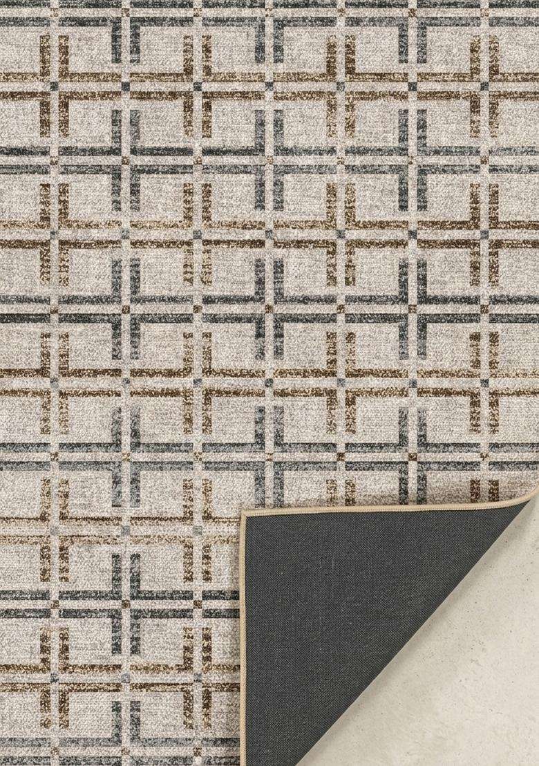 Washable Rugs Wool Blend Area Rug | Beige Grey Brown Transitional Geometric Non Slip Carpet For Kitchen - Indya