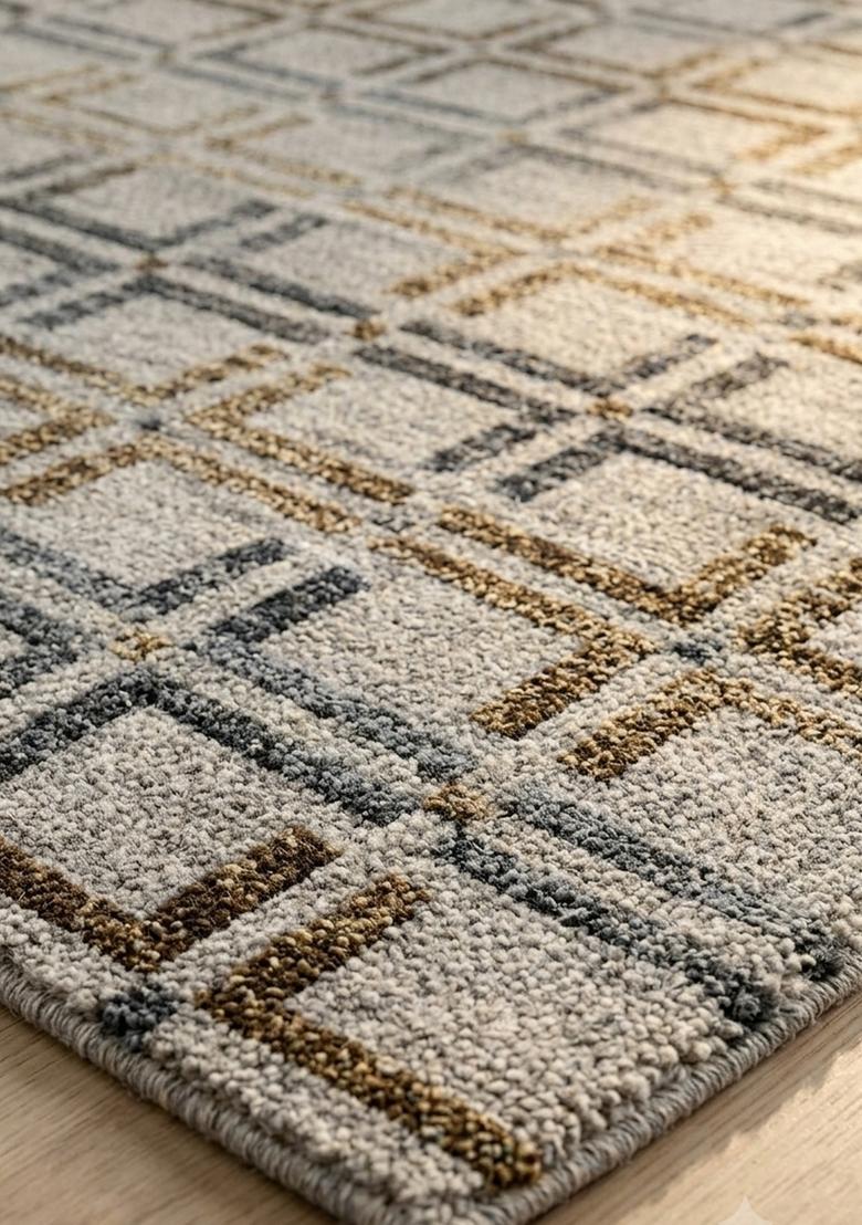 Saffron Rugs Wool Tufted Machine Washable Runner | Water Repellent Non Slip | Beige Grey Brown Transitional Geometric for Kitchen Bedroom Living Room Hallway - Indya