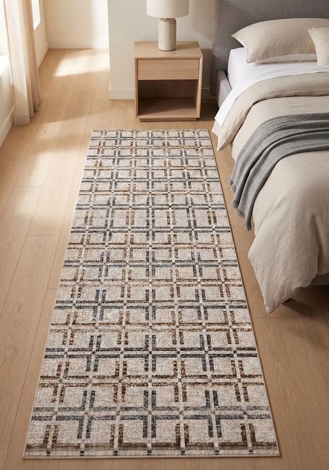 Saffron Rugs Wool Tufted Machine Washable Runner | Water Repellent Non Slip | Beige Grey Brown Transitional Geometric for Kitchen Bedroom Living Room Hallway