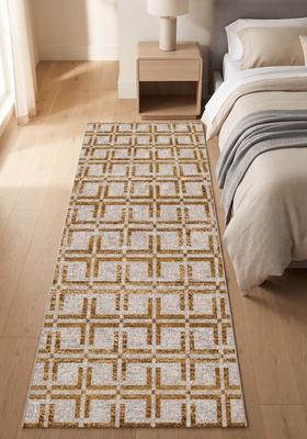 Saffron Rugs Wool Tufted Machine Washable Runner | Water Repellent Non Slip | Gold Grey Transitional Geometric for Kitchen Bedroom Living Room Hallway