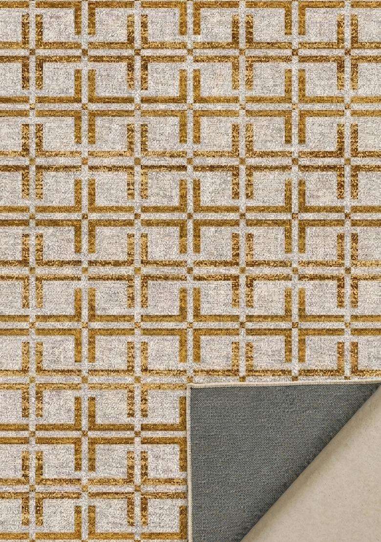 Washable Rugs Wool Blend Area Rug | Gold Grey Transitional Geometric Non Slip Carpet For Kitchen - Indya
