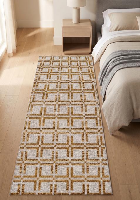 Saffron Rugs Wool Tufted Machine Washable Runner | Water Repellent Non Slip | Gold Grey Transitional Geometric for Kitchen Bedroom Living Room Hallway