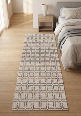 Saffron Rugs Wool Tufted Machine Washable Runner | Water Repellent Non Slip | Beige Grey Transitional Geometric for Kitchen Bedroom Living Room Hallway