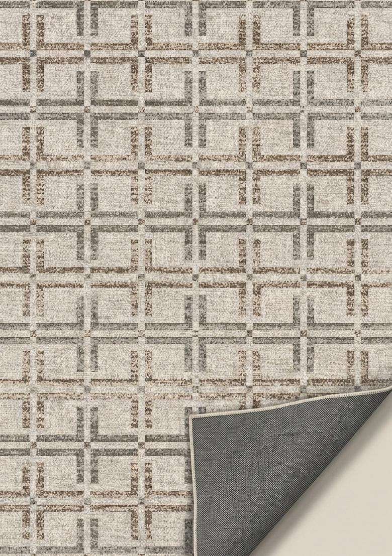 Washable Rugs Wool Blend Area Rug | Beige Grey Transitional Geometric Non Slip Carpet For Kitchen - Indya