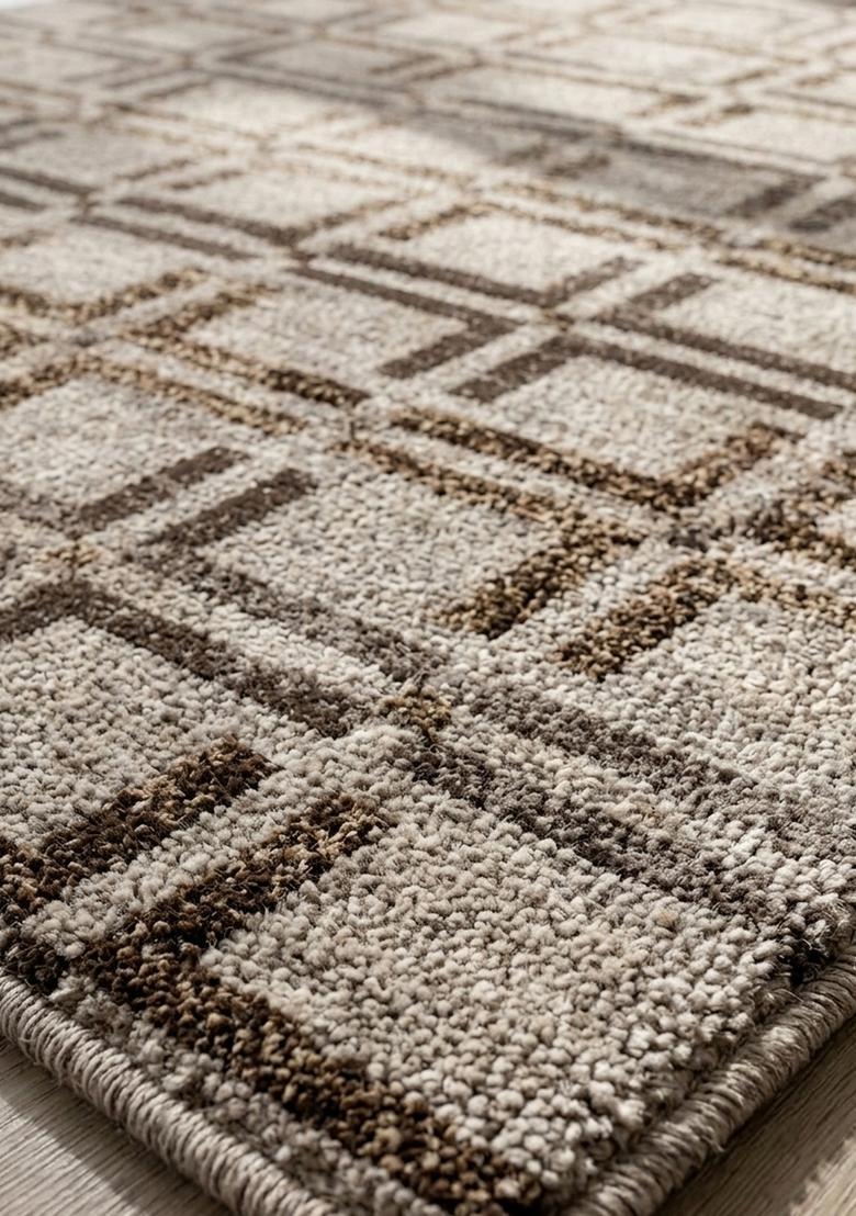 Saffron Rugs Wool Tufted Machine Washable Runner | Water Repellent Non Slip | Beige Grey Transitional Geometric for Kitchen Bedroom Living Room Hallway - Indya