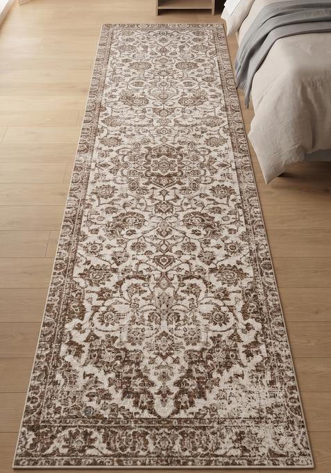 Saffron Rugs Wool Tufted Machine Washable Runner | Water Repellent Non Slip | Warm Taupe Transitional Floral for Kitchen Bedroom Living Room Hallway