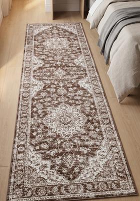 Saffron Rugs Wool Tufted Machine Washable Runner | Water Repellent Non Slip | Chocolate Brown Transitional Floral for Kitchen Bedroom Living Room Hallway