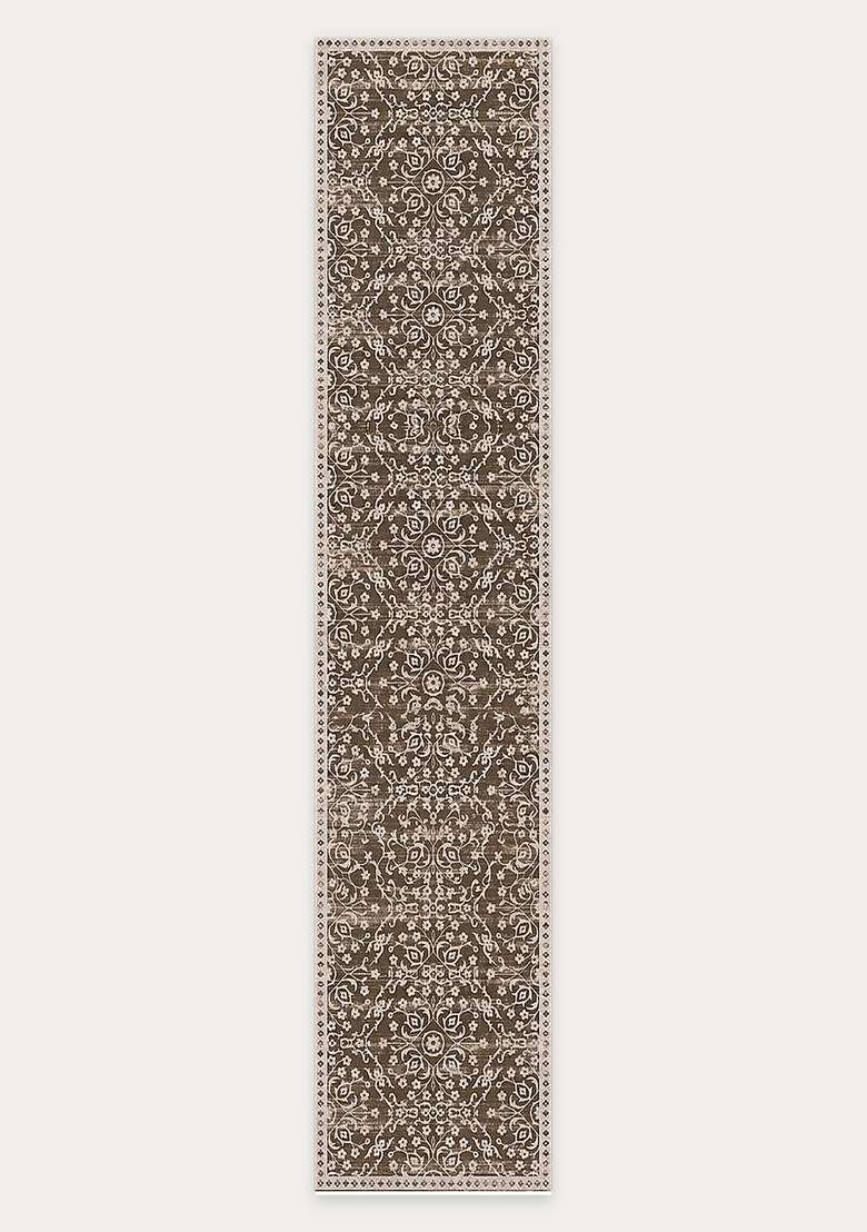 Washable Rugs Wool Blend Area Rug | Chocolate Brown Transitional Floral Non Slip Carpet For Kitchen - Indya