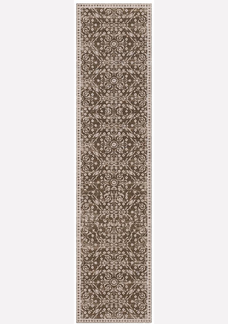 Saffron Rugs Wool Tufted Machine Washable Runner | Water Repellent Non Slip | Chocolate Brown Transitional Floral for Kitchen Bedroom Living Room Hallway - Indya