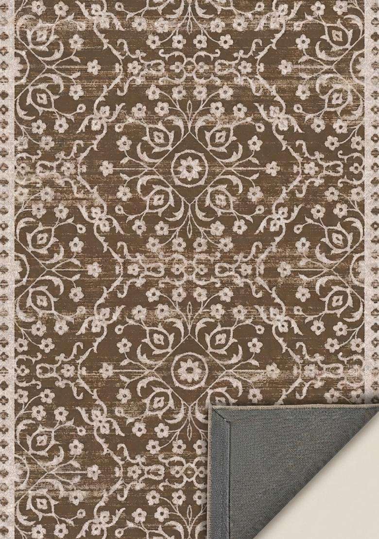 Washable Rugs Wool Blend Area Rug | Chocolate Brown Transitional Floral Non Slip Carpet For Kitchen - Indya