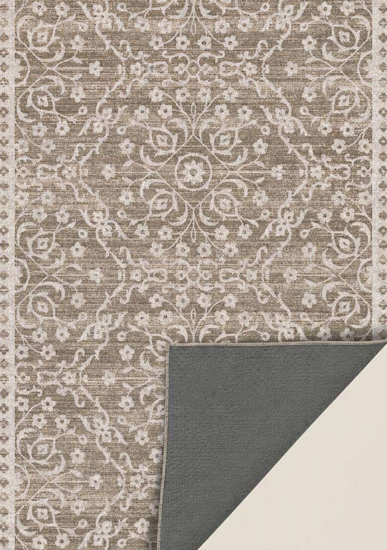 Washable Rugs Wool Blend Area Rug | Taupe Brown Transitional Floral Non Slip Carpet For Kitchen - Indya