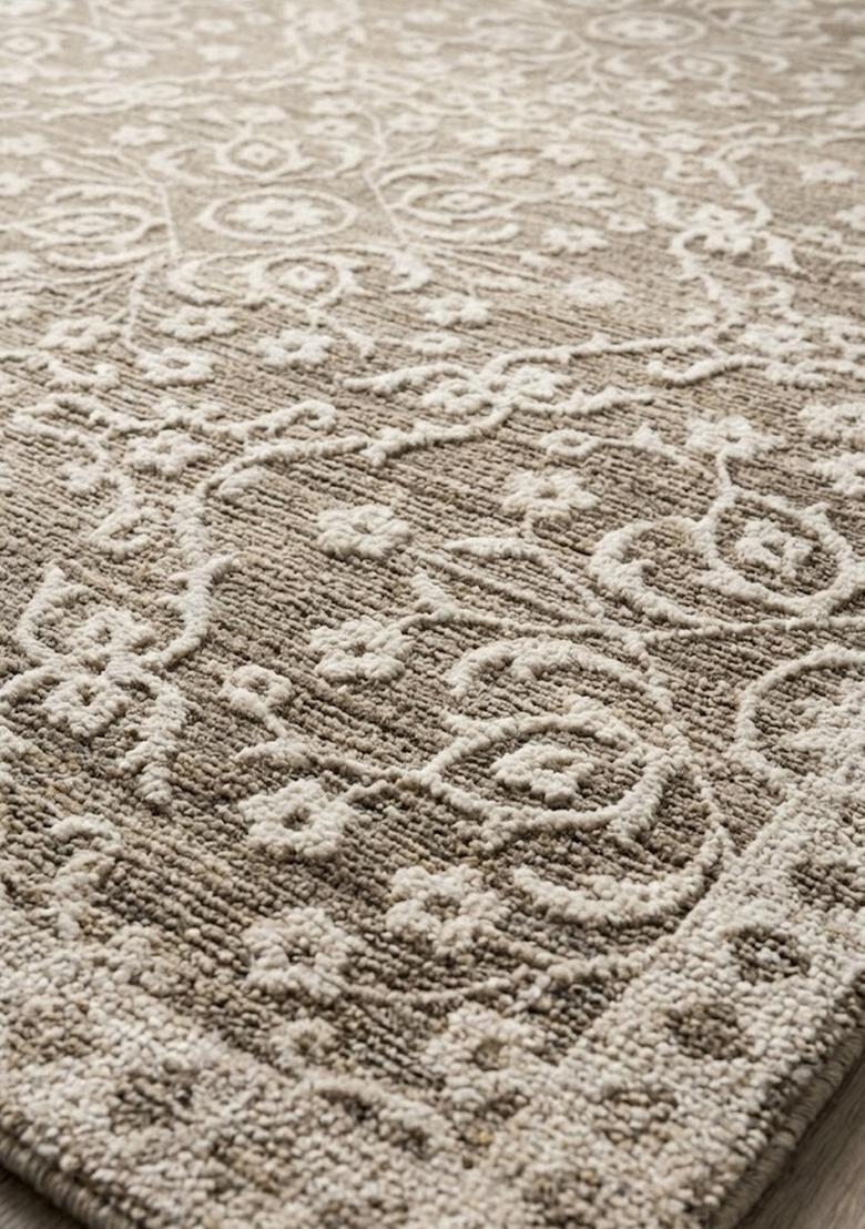 Saffron Rugs Wool Tufted Machine Washable Runner | Water Repellent Non Slip | Taupe Brown Transitional Floral for Kitchen Bedroom Living Room Hallway - Indya