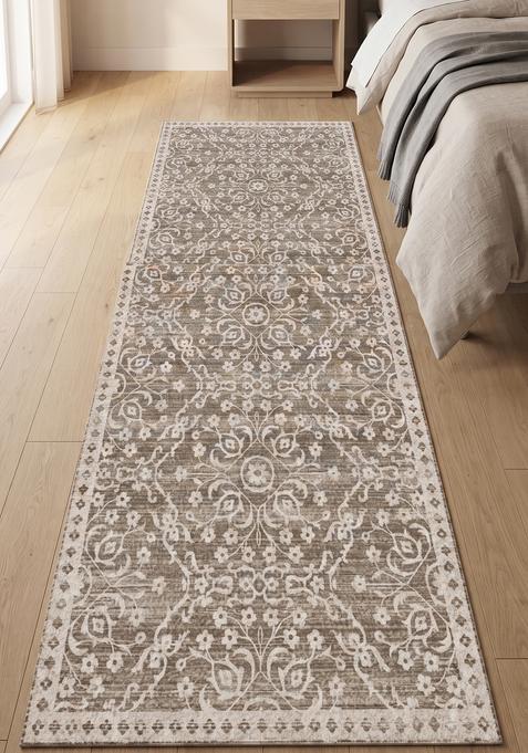 Saffron Rugs Wool Tufted Machine Washable Runner | Water Repellent Non Slip | Taupe Brown Transitional Floral for Kitchen Bedroom Living Room Hallway
