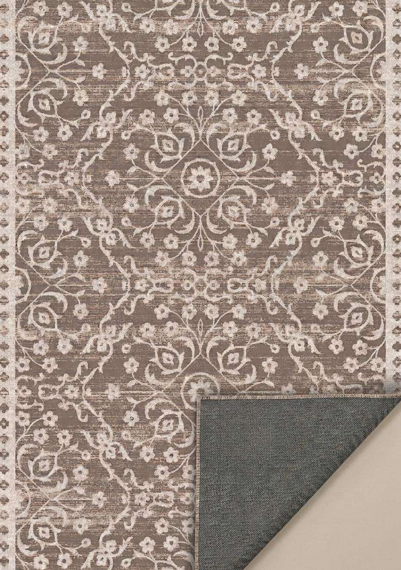 Washable Rugs Wool Blend Area Rug | Taupe Brown Transitional Floral Non Slip Carpet For Kitchen - Indya