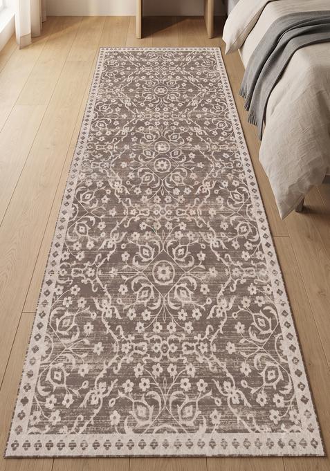Saffron Rugs Wool Tufted Machine Washable Runner | Water Repellent Non Slip | Taupe Brown 2 Transitional Floral for Kitchen Bedroom Living Room Hallway