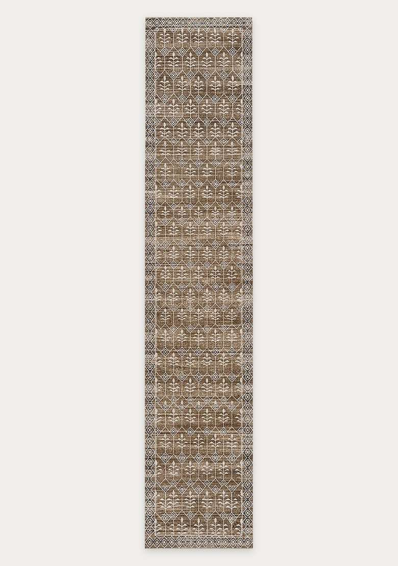 Washable Rugs Wool Blend Area Rug | Warm Brown Classic Trellis Non Slip Carpet For Kitchen - Indya