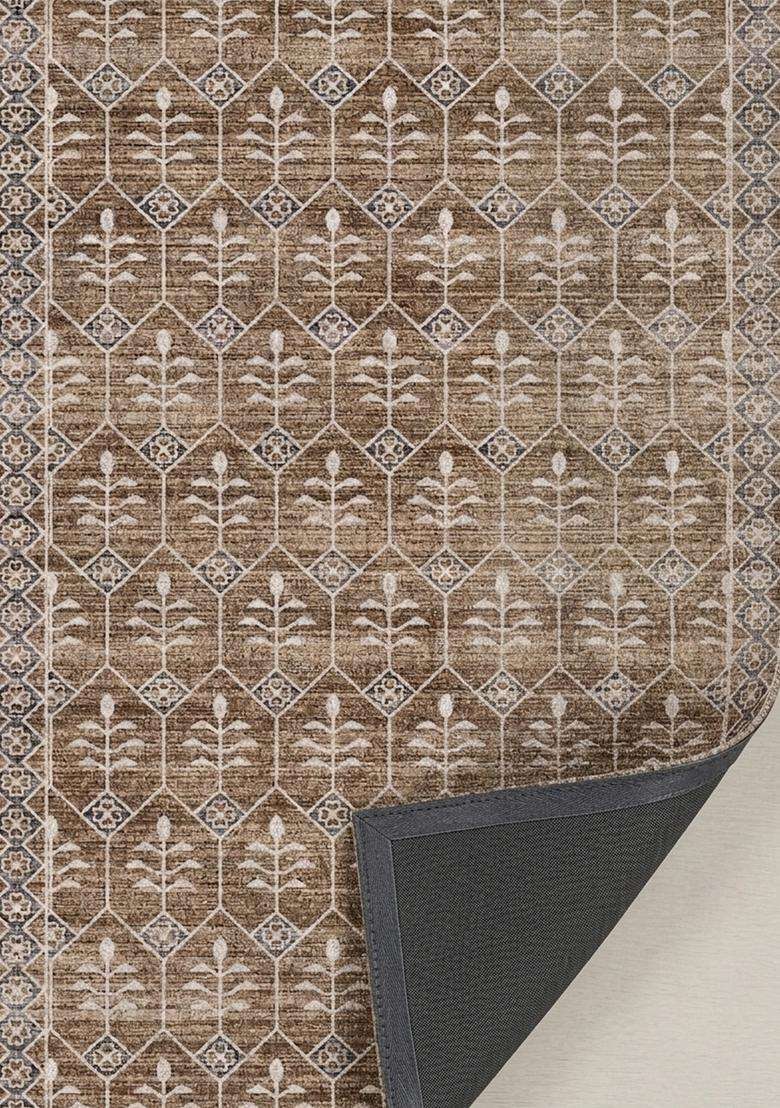 Washable Rugs Wool Blend Area Rug | Warm Brown Classic Trellis Non Slip Carpet For Kitchen - Indya