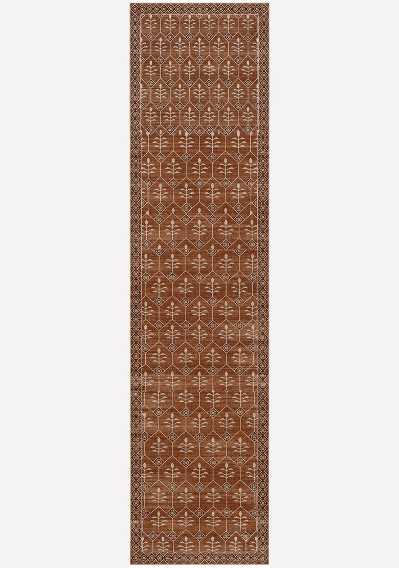 Saffron Rugs Wool Tufted Machine Washable Runner | Water Repellent Non Slip | Rust Terracotta Classic Trellis for Kitchen Bedroom Living Room Hallway - Indya