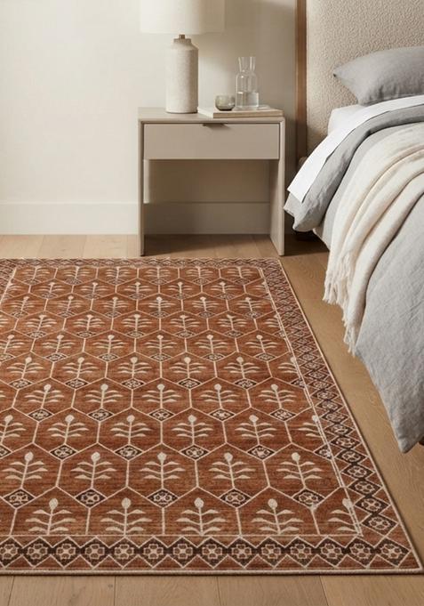 Saffron Rugs Wool Tufted Machine Washable Runner | Water Repellent Non Slip | Rust Terracotta Classic Trellis for Kitchen Bedroom Living Room Hallway