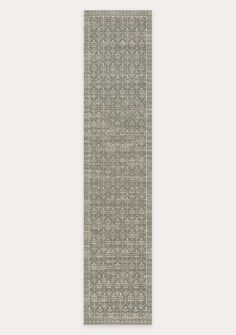 Washable Rugs Wool Blend Area Rug | Sage Green Classic Trellis Non Slip Carpet For Kitchen - Indya