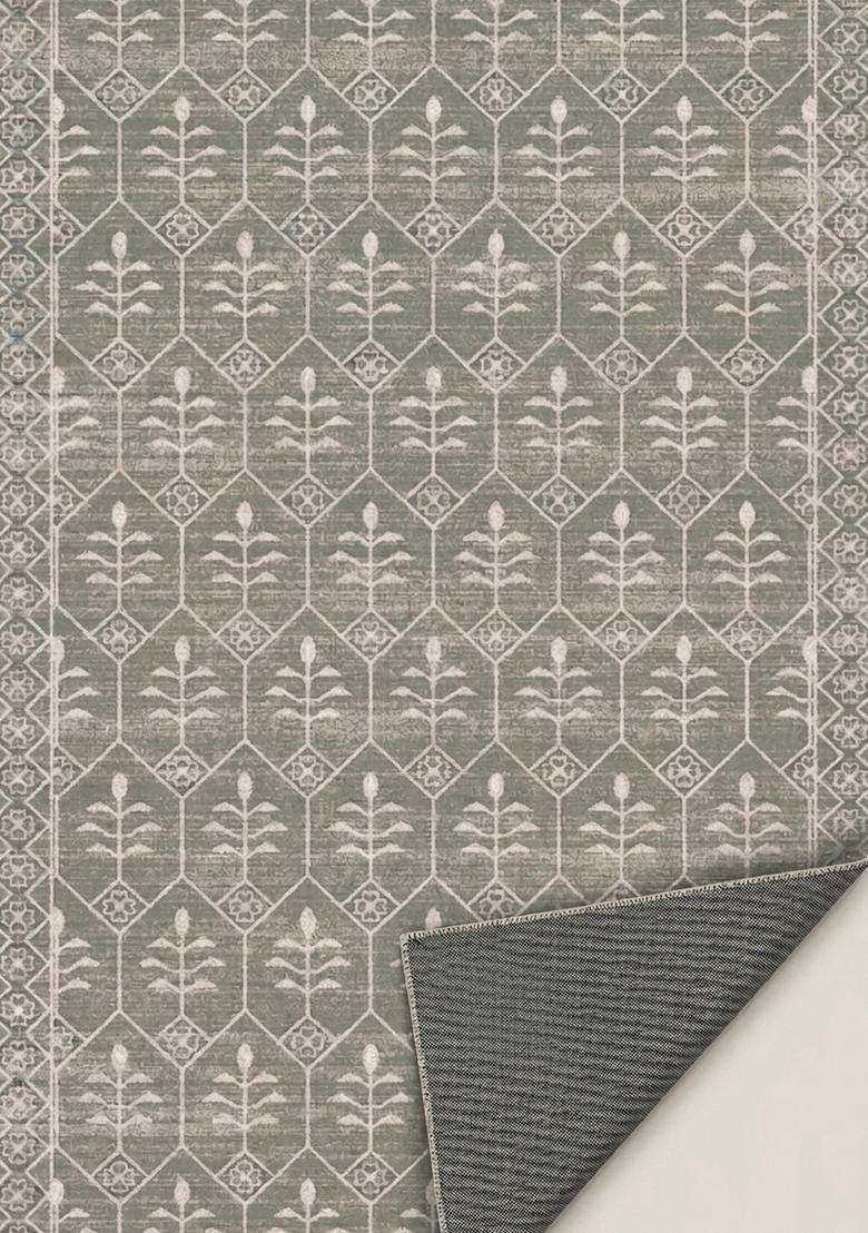 Washable Rugs Wool Blend Area Rug | Sage Green Classic Trellis Non Slip Carpet For Kitchen - Indya