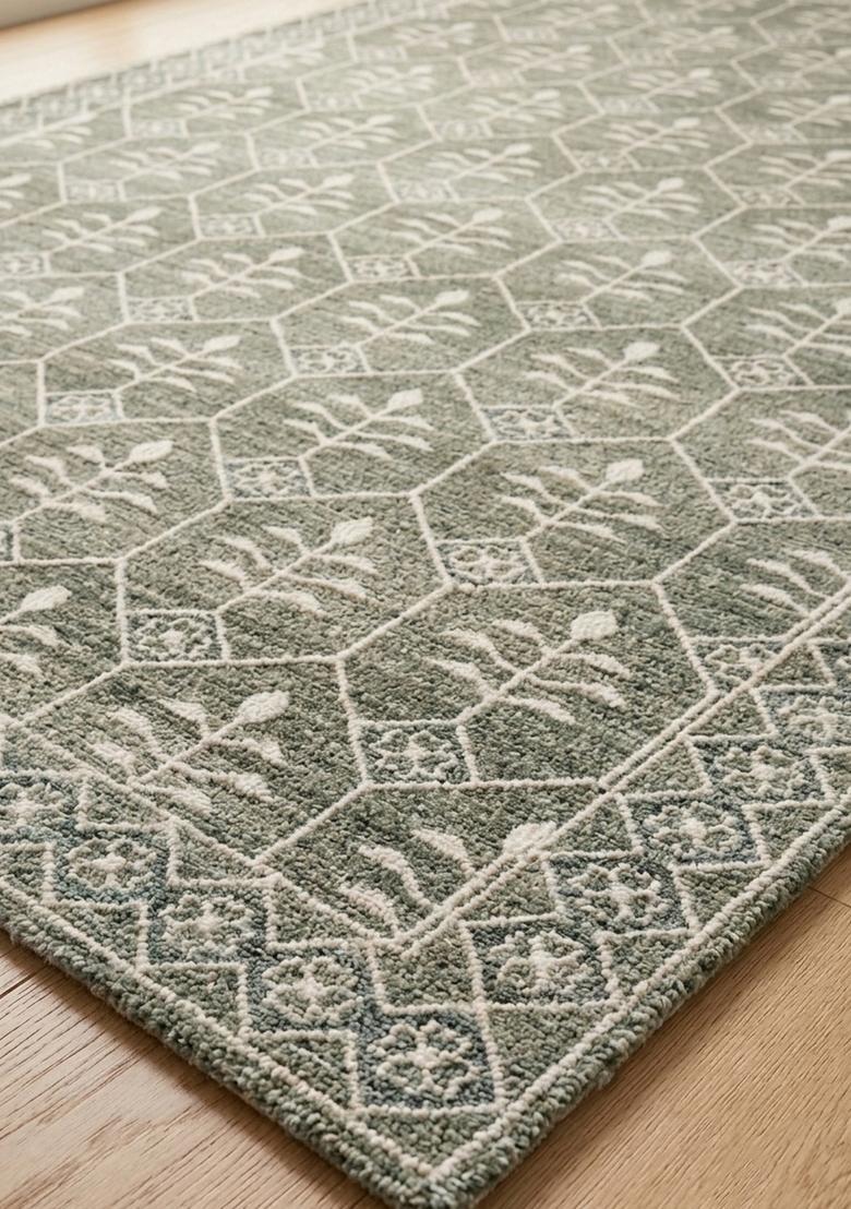 Saffron Rugs Wool Tufted Machine Washable Runner | Water Repellent Non Slip | Sage Green Classic Trellis for Kitchen Bedroom Living Room Hallway - Indya
