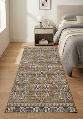 Saffron Rugs Wool Tufted Machine Washable Runner | Water Repellent Non Slip | Warm Brown Oriental Geometric for Kitchen Bedroom Living Room Hallway
