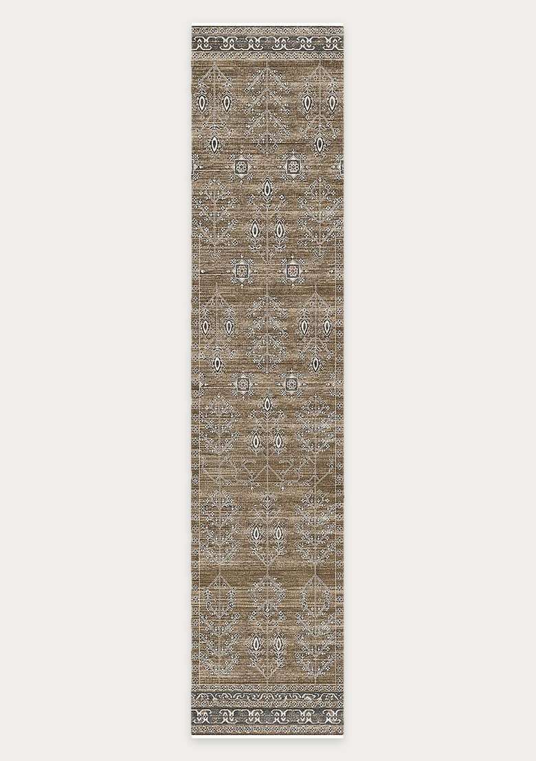 Washable Rugs Wool Blend Area Rug | Warm Brown Oriental Geometric Non Slip Carpet For Kitchen - Indya