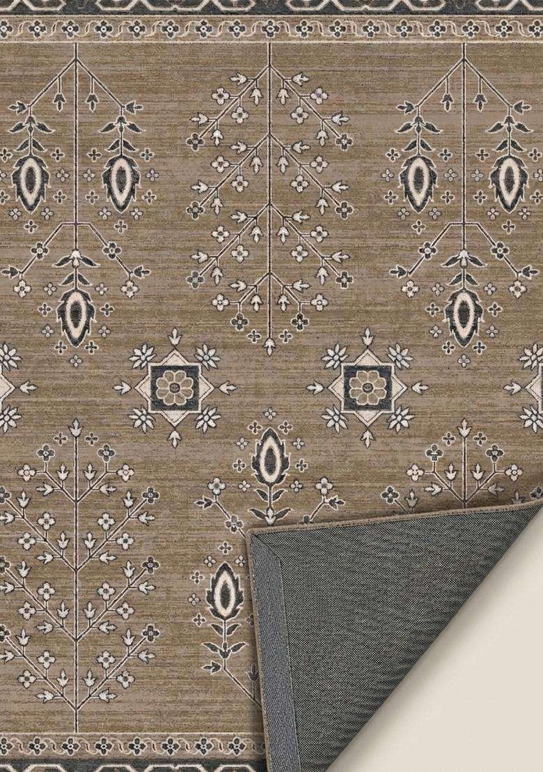 Washable Rugs Wool Blend Area Rug | Tan Beige Oriental Geometric Non Slip Carpet For Kitchen - Indya